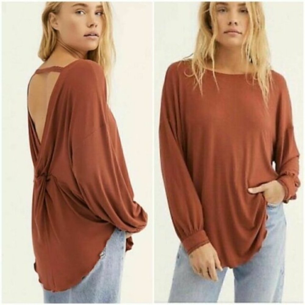 Free People shimmy shake lettuce hem deep v back long sleeve blouse size S